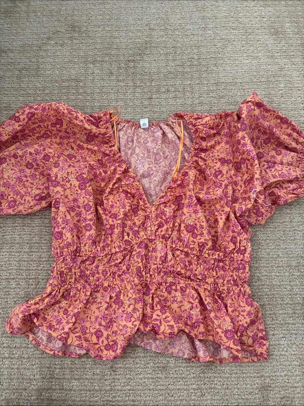 Old Navy Orange Floral Tie-Front Puff Sleeve Blouse
